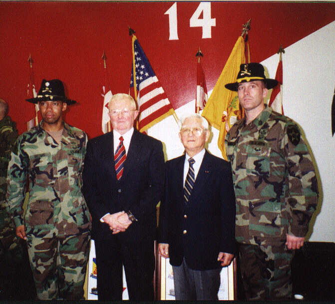 The Honorary Colonel and CSM stand with the present Commander and CSM Fom left: LTC Dana Pittard, BG(R) Stan Cherrie, CSM(R) Frank Mouri, CSM Ronald Riling